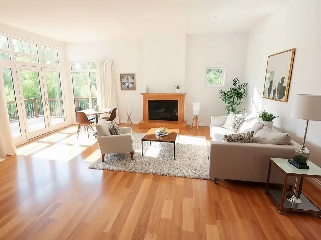A bright and clean apartment living room after an end-of-tenancy cleaning service, showcasing spotless floors and surfaces.