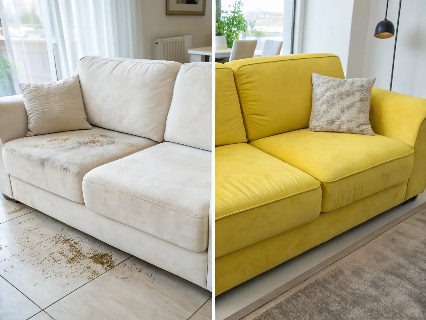 A split image showing a before-and-after comparison of a heavily stained sofa being cleaned with eco-friendly products. The 'before' side should show visible stains and dirt, while the 'after' side should show a clean and refreshed sofa.