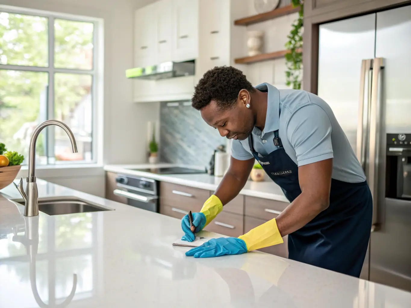 A high-angle shot of a cleaning technician using a specialized brush and eco-friendly cleaning solution to scrub a heavily soiled kitchen floor during a deep cleaning service. The image should convey thoroughness and attention to detail.